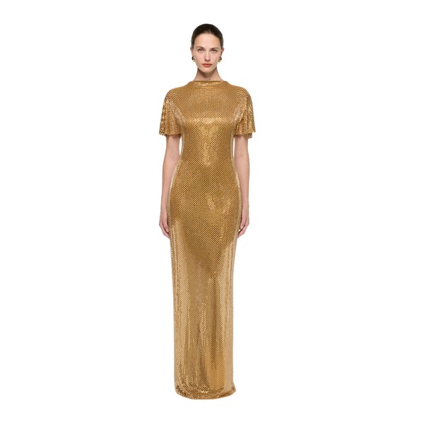 Roland Mouret High Neck Diamante Short Sleeve Gown in Light Topaz