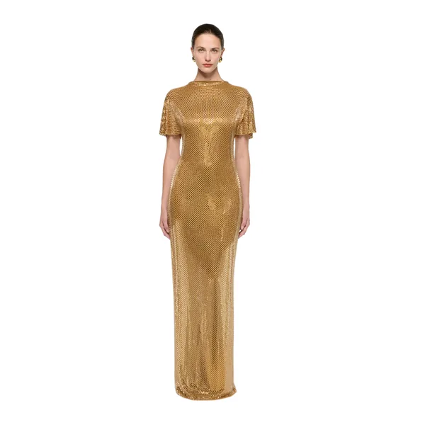 Roland Mouret High Neck Diamante Short Sleeve Gown in Light Topaz
