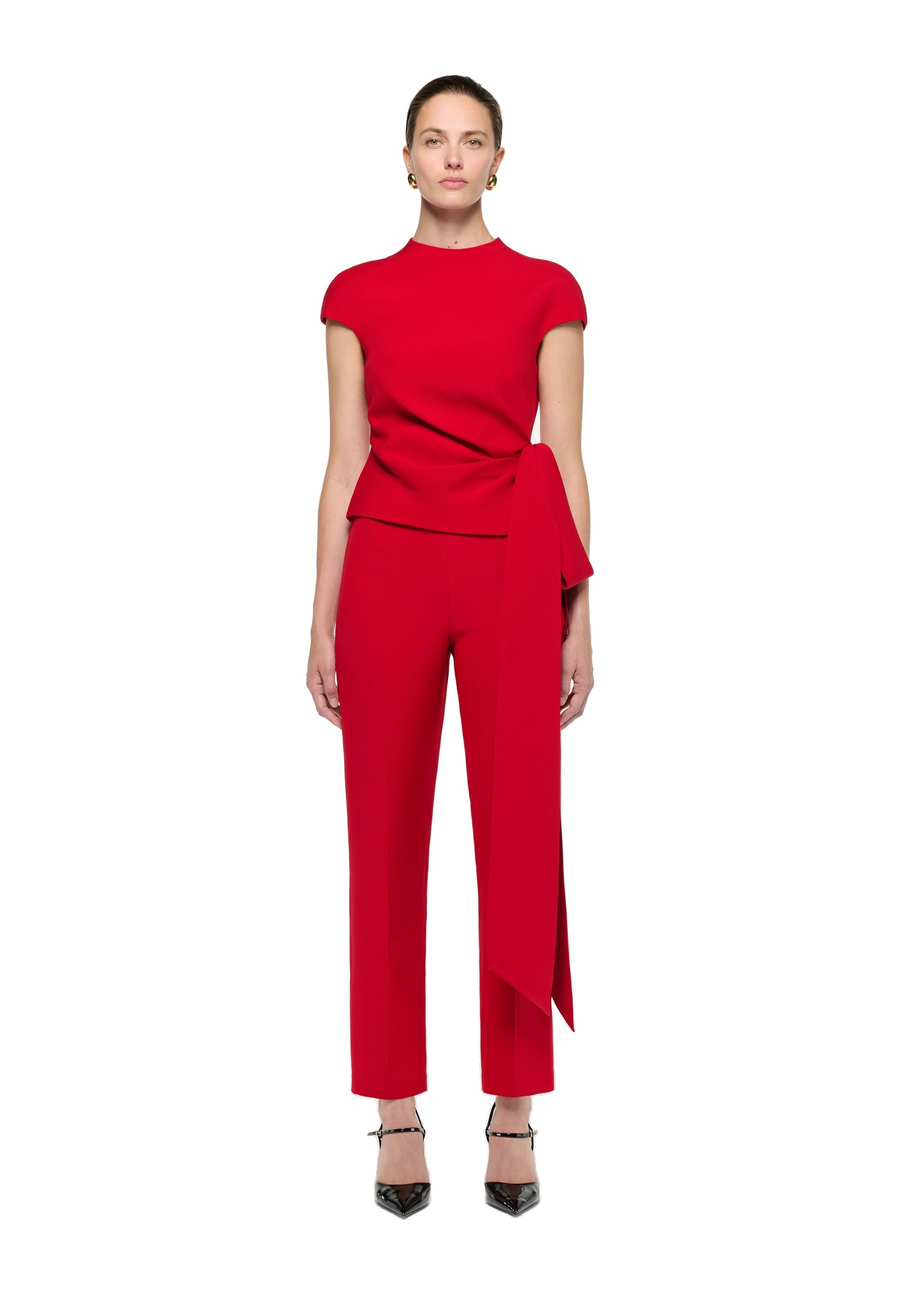 Roland Mouret High Neck Wool Silk Bow Detail Top in Red