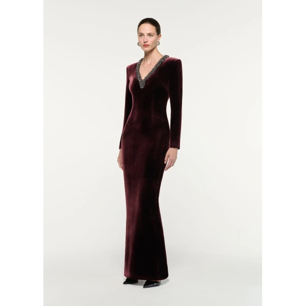 Roland Mouret Long Sleeve Embellished Velvet Gown in Prune, view 2