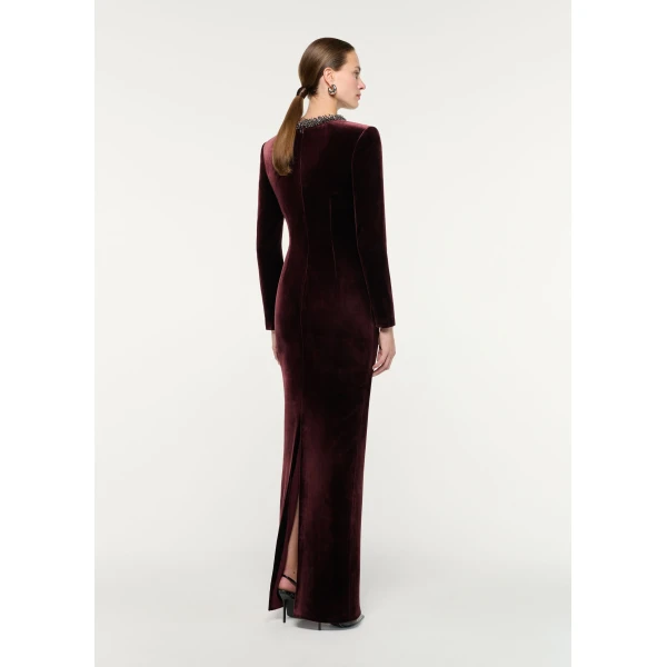 Roland Mouret Long Sleeve Embellished Velvet Gown in Prune, view 3