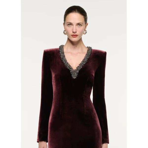 Roland Mouret Long Sleeve Embellished Velvet Gown in Prune, view 4