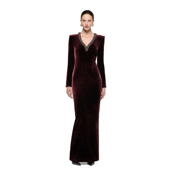 Roland Mouret Long Sleeve Embellished Velvet Gown in Prune