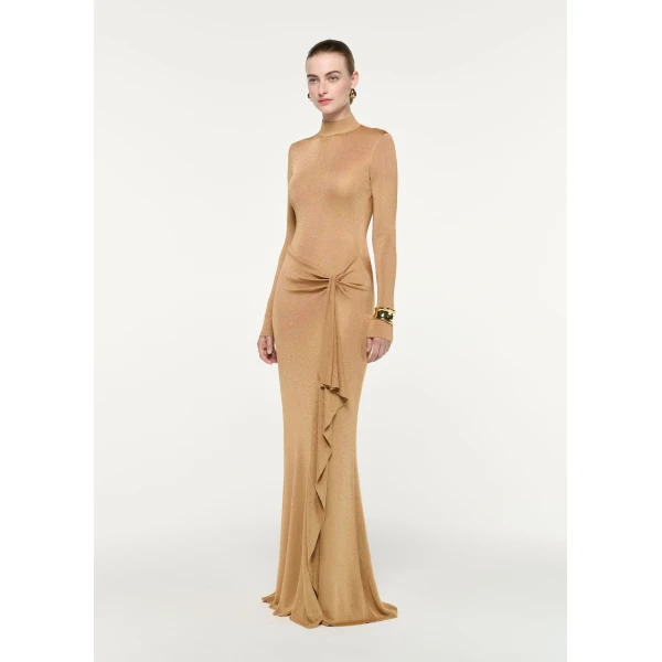 Roland Mouret Lurex Knit Drape Long Sleeve Gown in Gold, view 2