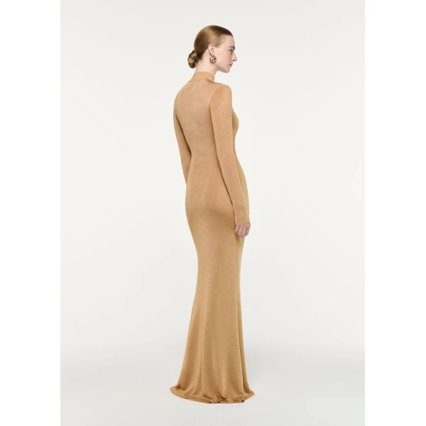 Roland Mouret Lurex Knit Drape Long Sleeve Gown in Gold, view 3