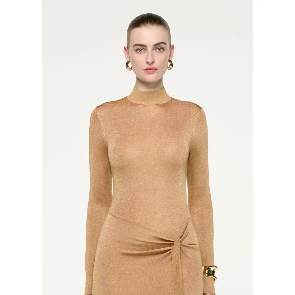 Roland Mouret Lurex Knit Drape Long Sleeve Gown in Gold, view 4