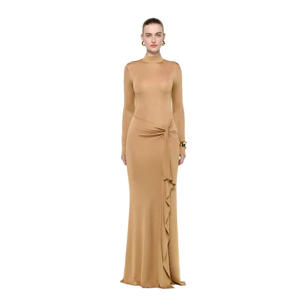 Roland Mouret Lurex Knit Drape Long Sleeve Gown in Gold