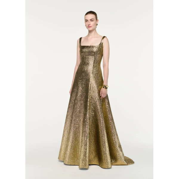 Roland Mouret Metallic Jacquard Square Neck Gown in Gold, view 2