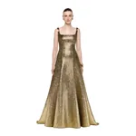 Roland Mouret Metallic Jacquard Square Neck Gown in Gold
