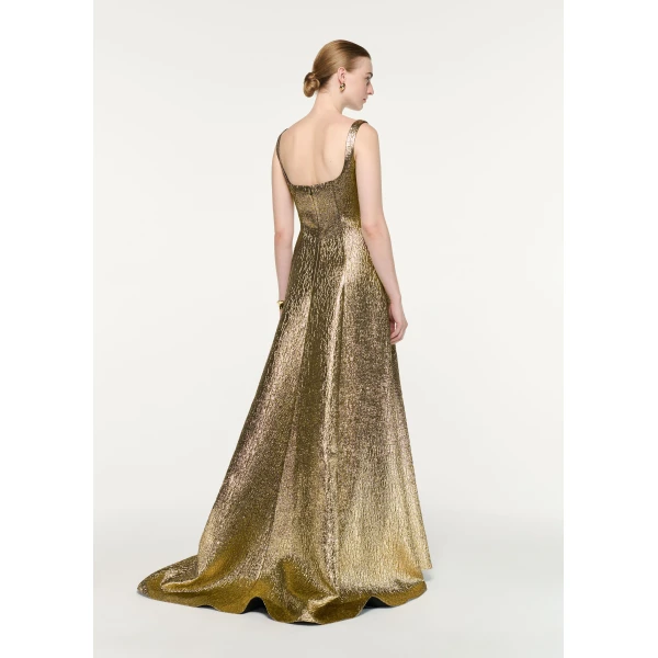 Roland Mouret Metallic Jacquard Square Neck Gown in Gold, view 3