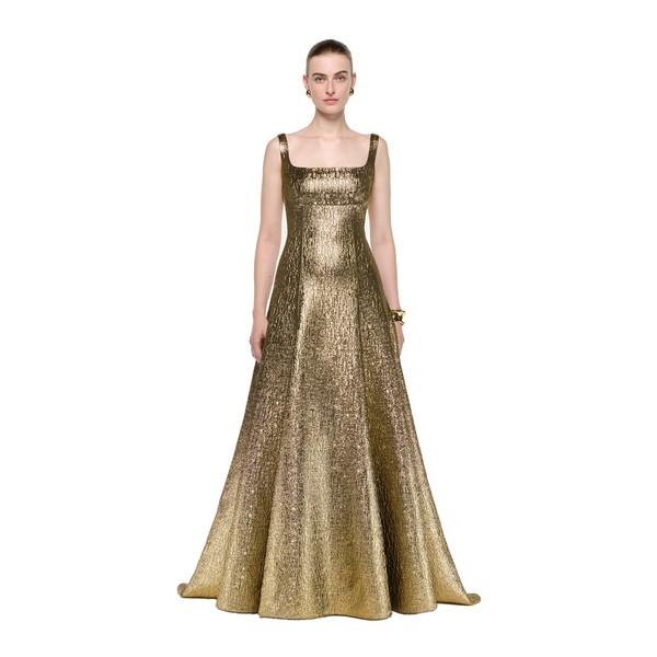 Roland Mouret Metallic Jacquard Square Neck Gown in Gold