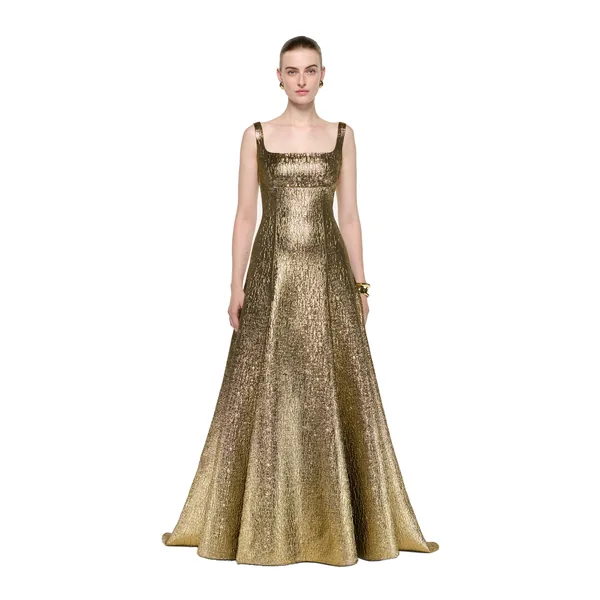 Roland Mouret Metallic Jacquard Square Neck Gown in Gold