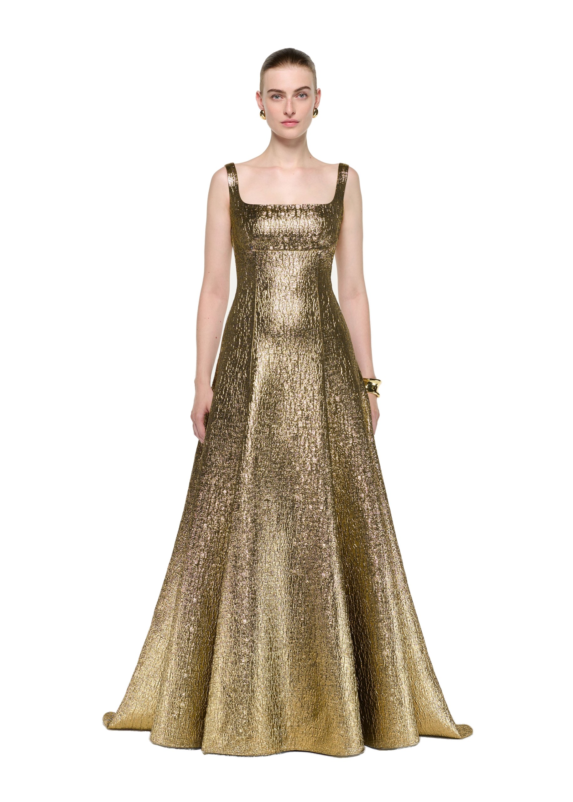 Roland Mouret Metallic Jacquard Square Neck Gown in Gold