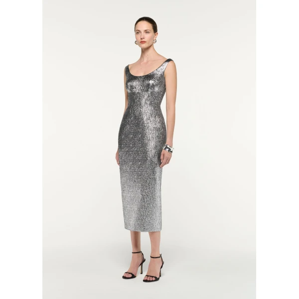 Roland Mouret Metallic Jaquard Column Midi Dress in Silver, view 2