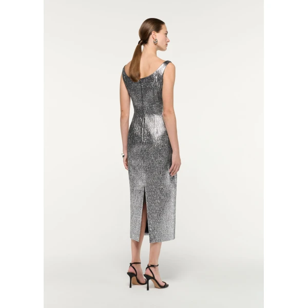 Roland Mouret Metallic Jaquard Column Midi Dress in Silver, view 3