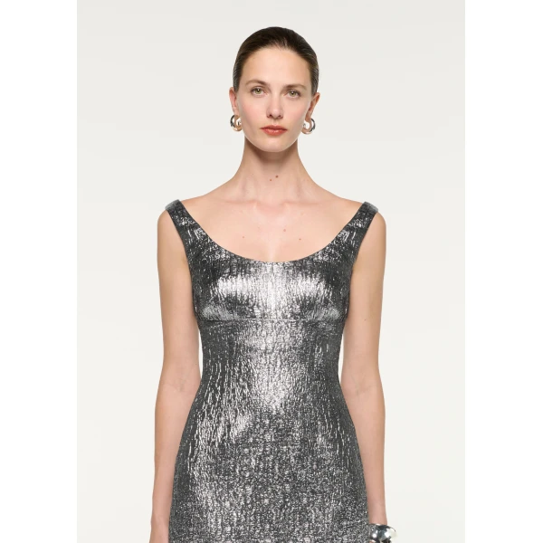 Roland Mouret Metallic Jaquard Column Midi Dress in Silver, view 4