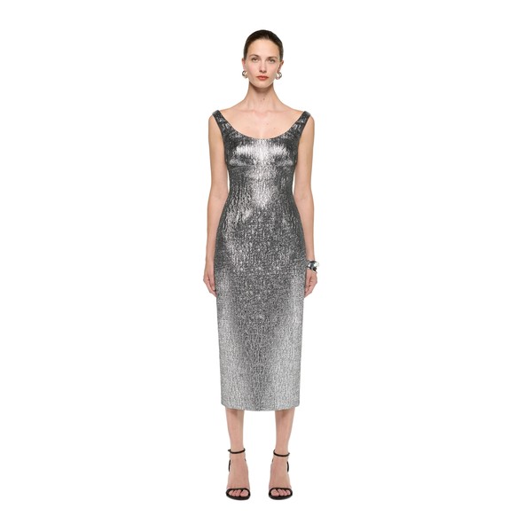 Roland Mouret Metallic Jaquard Column Midi Dress in Silver