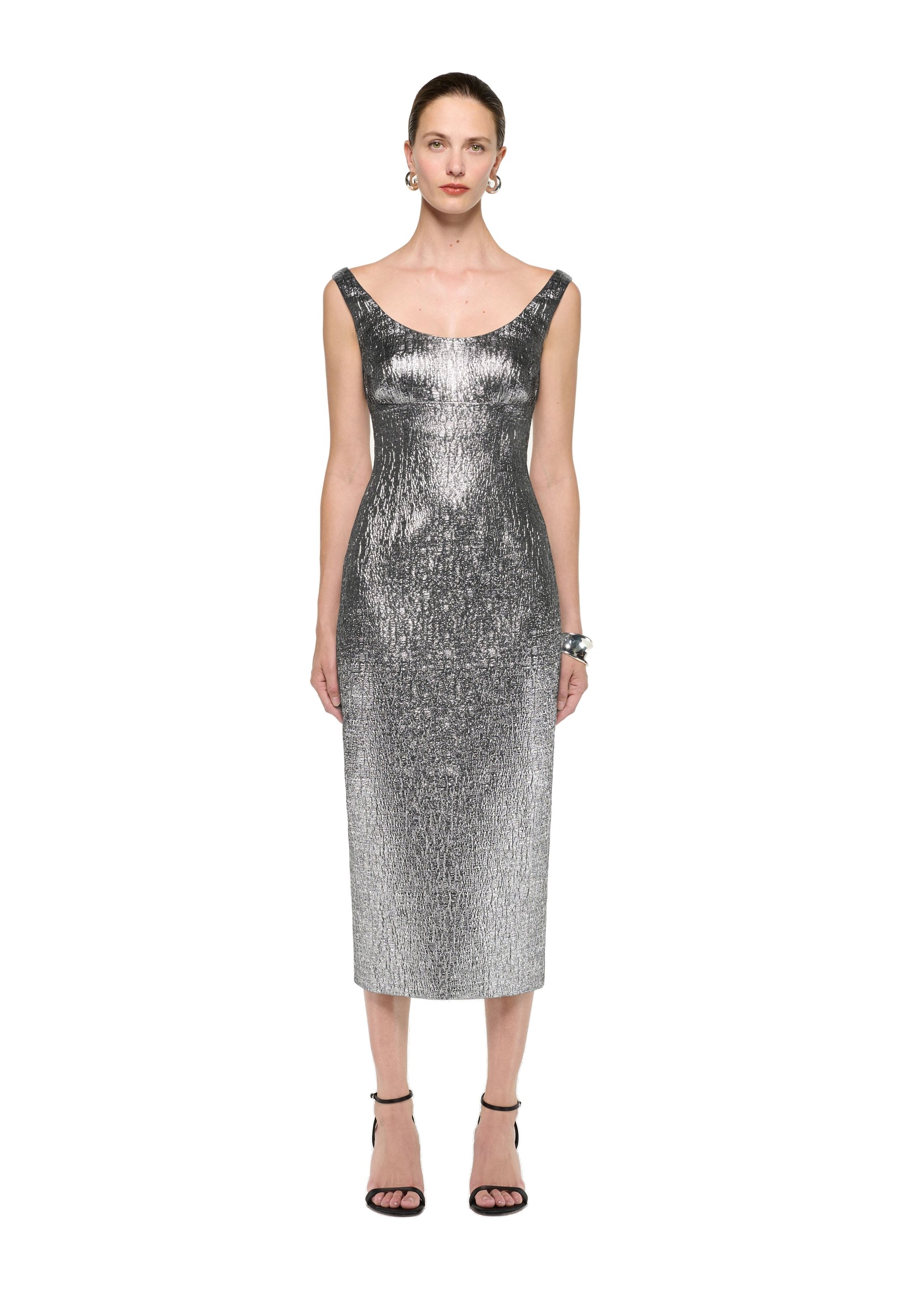 Roland Mouret Metallic Jaquard Column Midi Dress in Silver