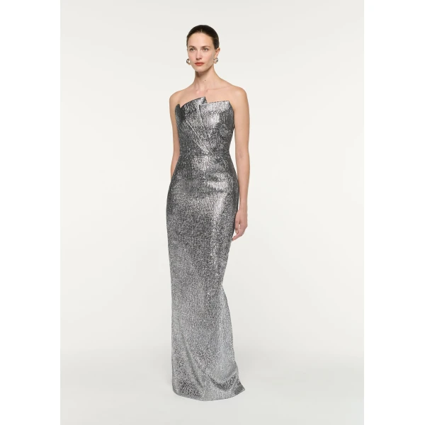 Roland Mouret Pleated Strapless Metallic Jacquard Gown in Silver, view 2