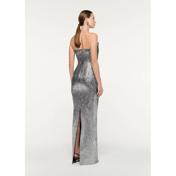 Roland Mouret Pleated Strapless Metallic Jacquard Gown in Silver, view 3