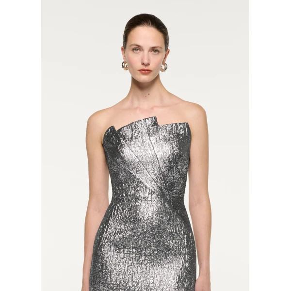 Roland Mouret Pleated Strapless Metallic Jacquard Gown in Silver, view 4