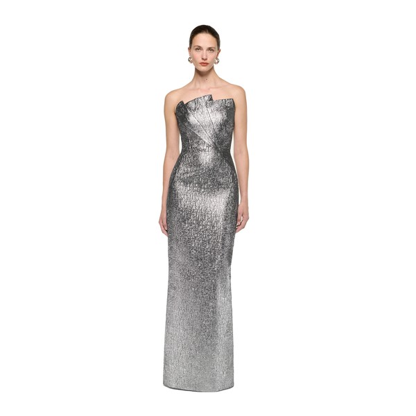 Roland Mouret Pleated Strapless Metallic Jacquard Gown in Silver