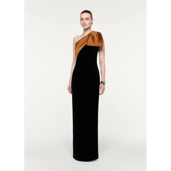 Roland Mouret Satin Bow One Shoulder Velvet Gown in Black and Amber, view 2