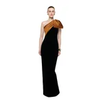 Roland Mouret Satin Bow One Shoulder Velvet Gown in Black and Amber