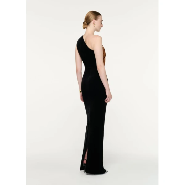Roland Mouret Satin Bow One Shoulder Velvet Gown in Black and Amber, view 3
