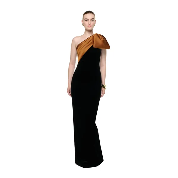 Roland Mouret Satin Bow One Shoulder Velvet Gown in Black and Amber
