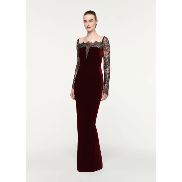 Roland Mouret Scalloped Lace And Velvet Gown in Burgundy, view 2