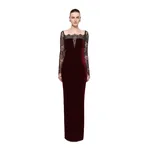 Roland Mouret Scalloped Lace And Velvet Gown in Burgundy