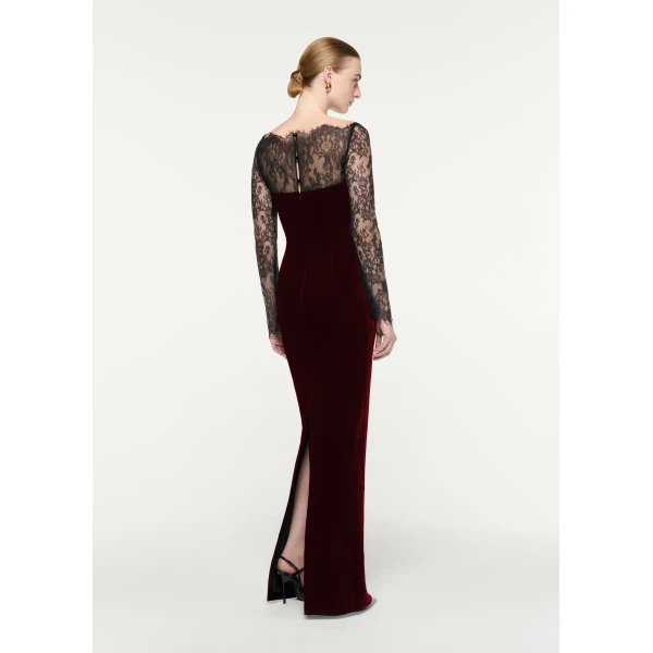 Roland Mouret Scalloped Lace And Velvet Gown in Burgundy, view 3
