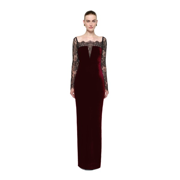 Roland Mouret Scalloped Lace And Velvet Gown in Burgundy