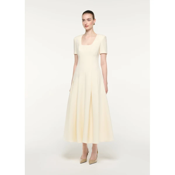 Roland Mouret Scooped Neckline Wool Silk Midi Dress in Cream, view 2