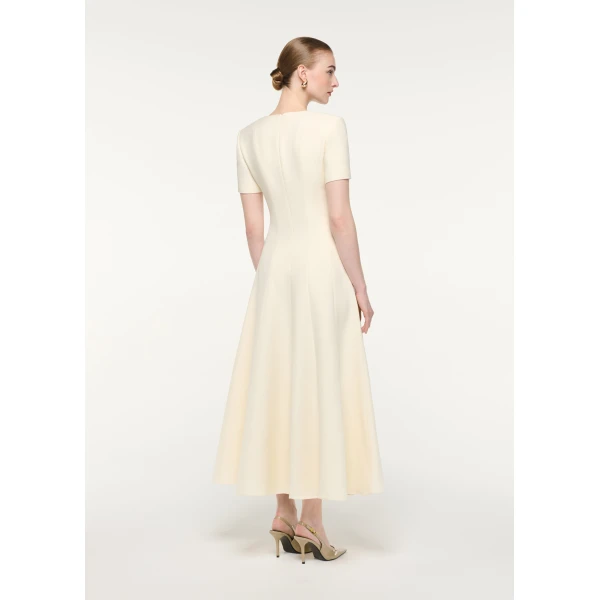 Roland Mouret Scooped Neckline Wool Silk Midi Dress in Cream, view 3