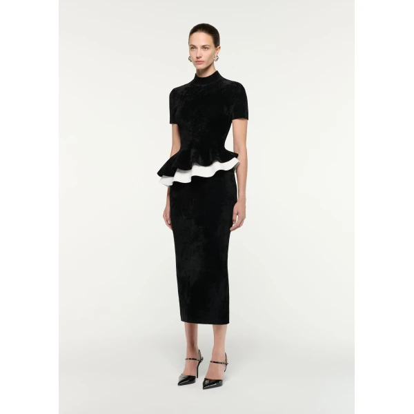 Roland Mouret Short Sleeve Chenille Peplum Midi Dress in Black, view 2