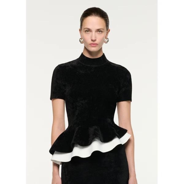 Roland Mouret Short Sleeve Chenille Peplum Midi Dress in Black, view 4