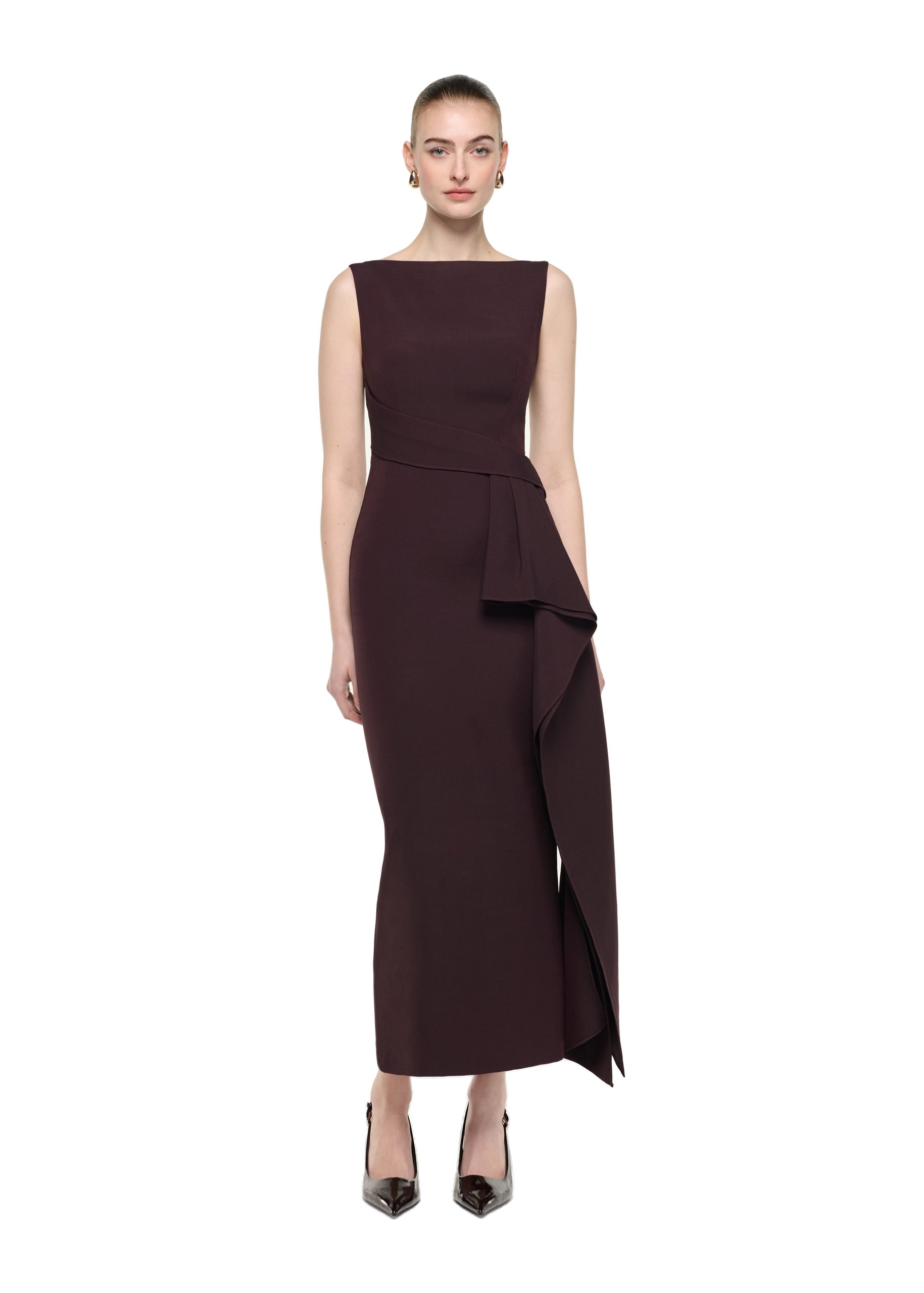 Roland Mouret Sleeveless Column Midi Dress in Brown