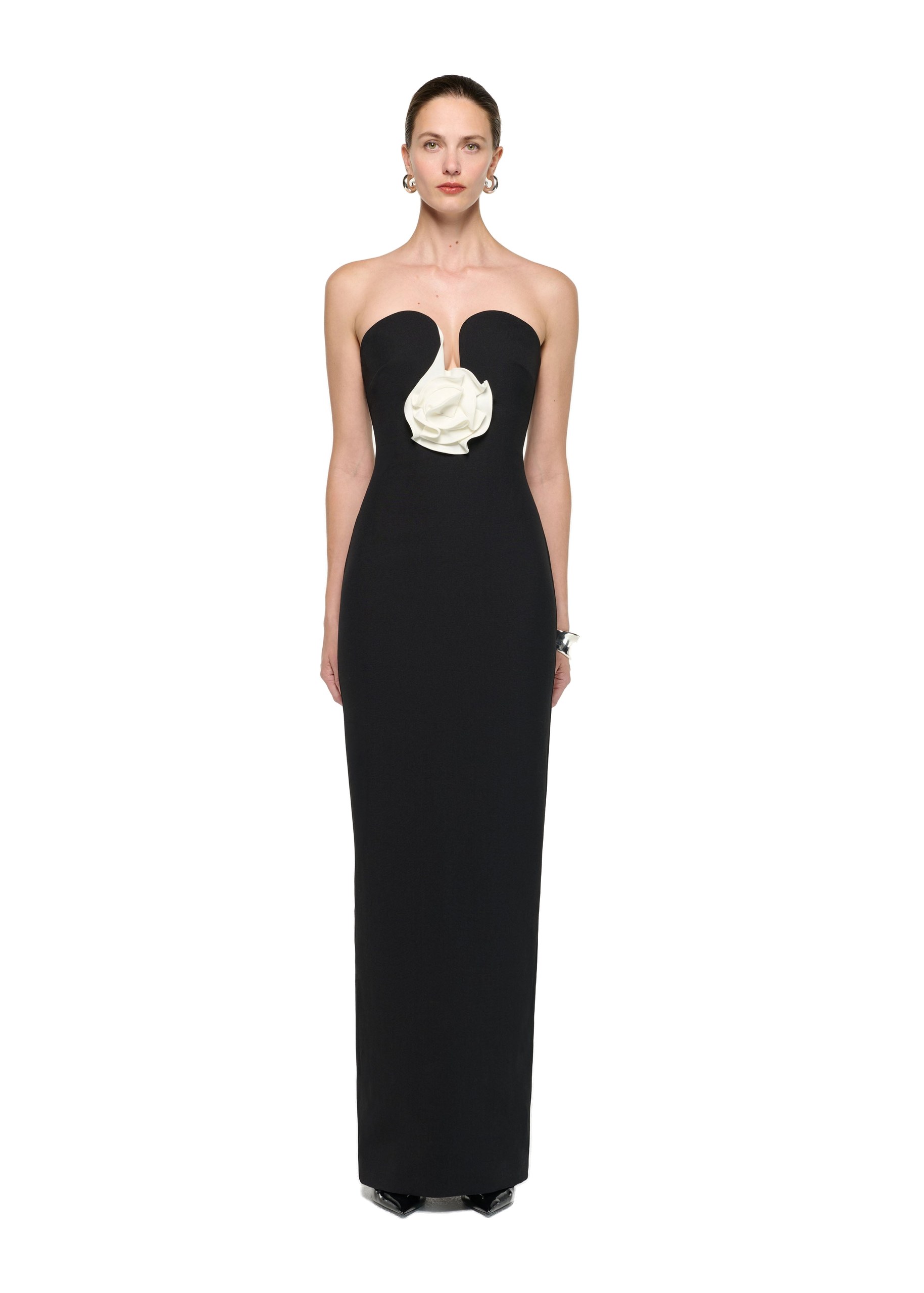Roland Mouret Strapless Monochrome Flower Gown in Black