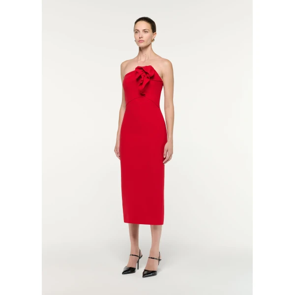 Roland Mouret Strapless Wool Silk Midi Dress in Red, view 2