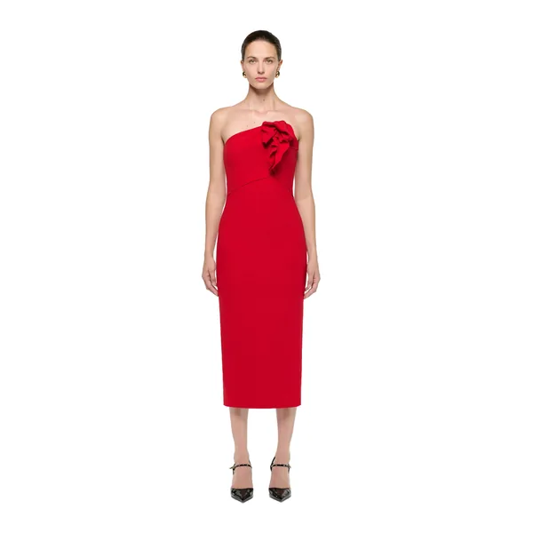 Roland Mouret Strapless Wool Silk Midi Dress in Red