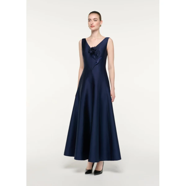 Roland Mouret V-Neck Flower Applique Maxi Dress in Navy, view 2