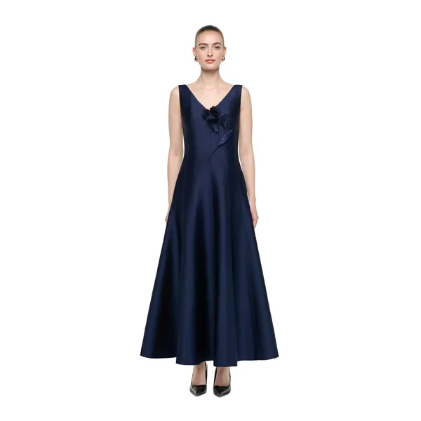 Roland Mouret V-Neck Flower Applique Maxi Dress in Navy