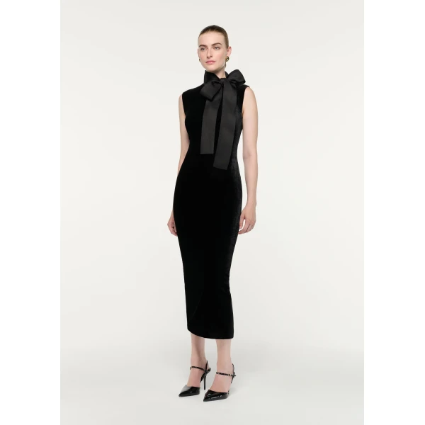 Roland Mouret Velvet Midi Dress With Organza Bow Neck Tie in Black, view 2