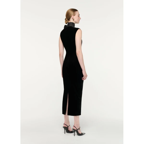 Roland Mouret Velvet Midi Dress With Organza Bow Neck Tie in Black, view 3