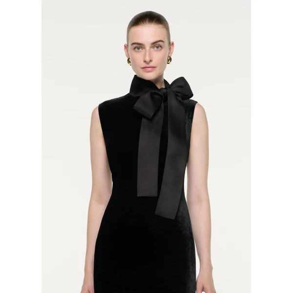 Roland Mouret Velvet Midi Dress With Organza Bow Neck Tie in Black, view 4