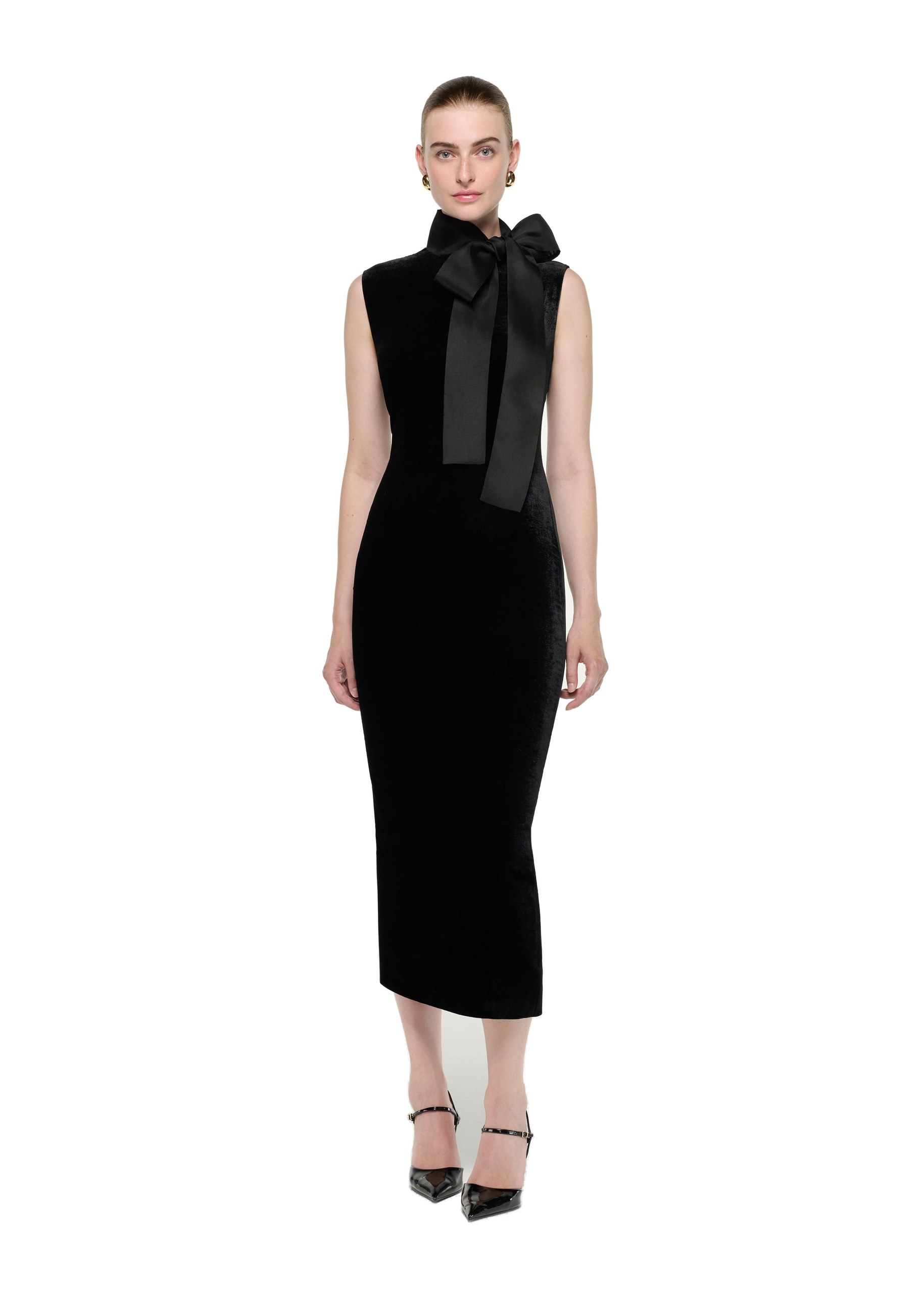 Roland Mouret Velvet Midi Dress With Organza Bow Neck Tie in Black