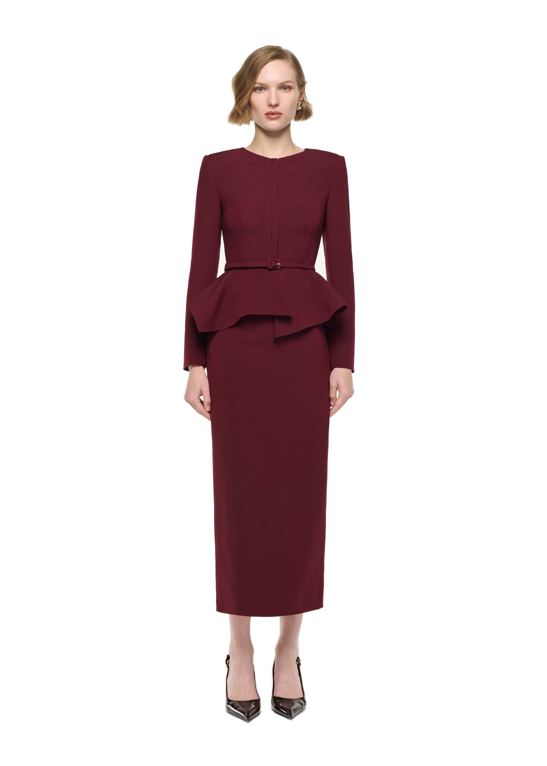 Roland Mouret Wool Silk Midi Skirt in Burgundy