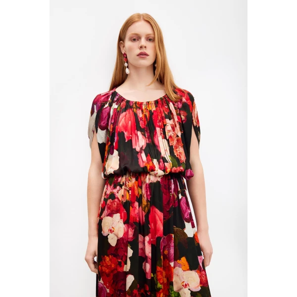 Romance Was Born Red Bouquet Gathered Satin Dress, view 2